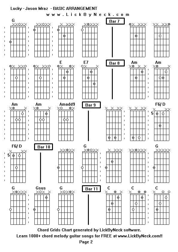 Chord Grids Chart of chord melody fingerstyle guitar song-Lucky - Jason Mraz  - BASIC ARRANGEMENT,generated by LickByNeck software.